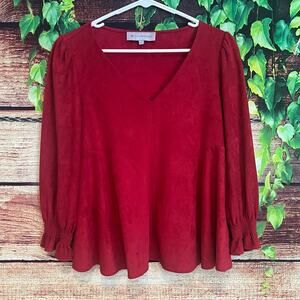 Tuckernuck Easton Faux Suede Blouse Small Swing Top Red Velvet Business Casual
